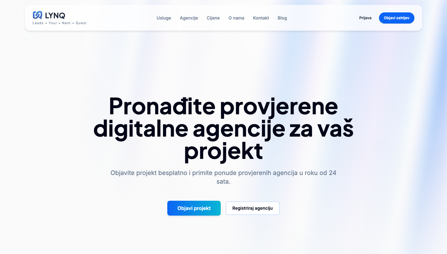 Javna početna stranica Lynqa s pozivima Objavi projekt i Registriraj agenciju.